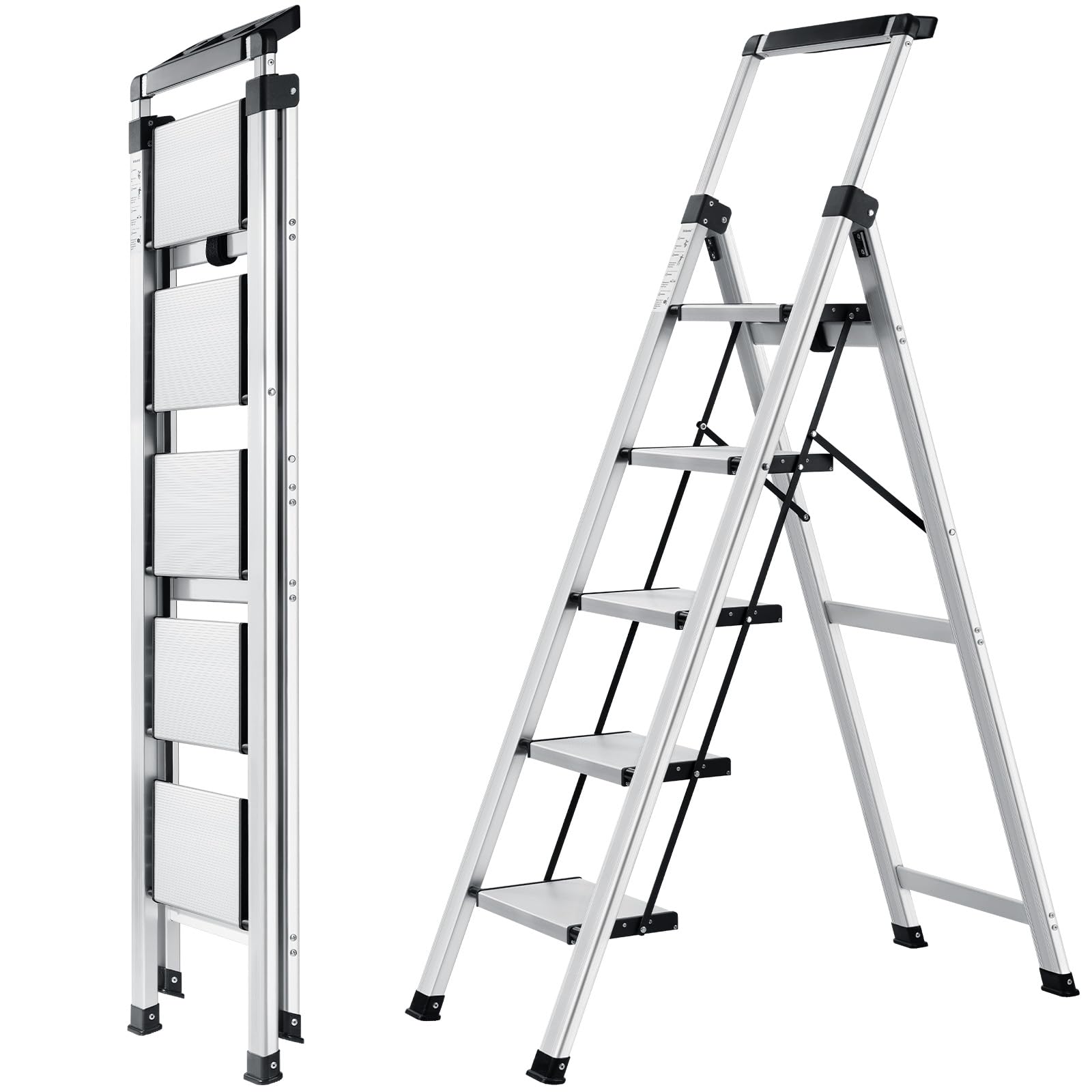 XinSunho 5 Step Ladder, Retractable Handgrip Folding Step Stool with Anti-Slip Wide Pedal, Aluminum Stool Ladders 5 Steps, 330lbs Safety Household Ladder