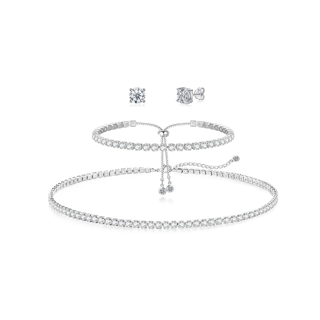 HAXIYA Tennis Necklace Set for Women Crystal Bracelet Imitation Diamond Earrings Wedding Jewelry for Bride Sterling Silver Plated Jewelry Sets Pack of 3 Gift