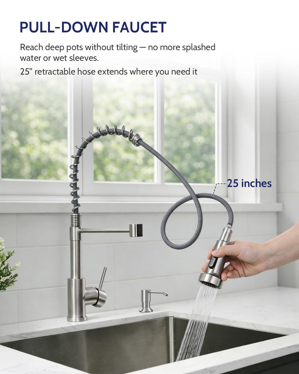 LUFEIDRA Kitchen Faucet with Pull Down Sprayer and Soap Dispenser, High Arc Spring 304 Stainless Steel Single Handle 1 or 3 Hole 2 Mode for Farmhouse RV Camper Laundry Bar Pot Filler (Brushed Nickel)