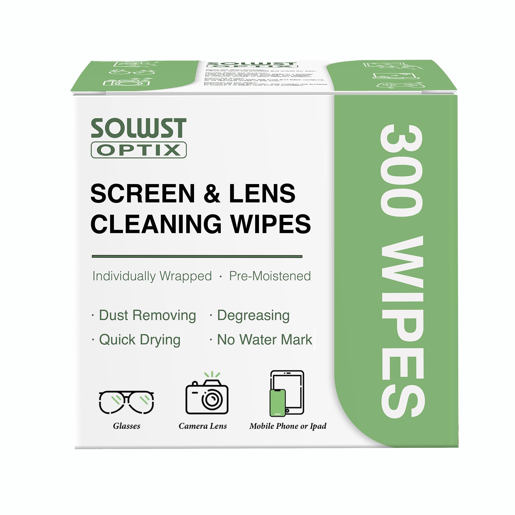 SOLWST Optix Lens Cleaning Wipes - 300 Pre-Moistened, Individually Wrapped Wipes for Eyeglasses, Camera Lenses, Tablets, Phones, Computer Screens, and Other Surfaces
