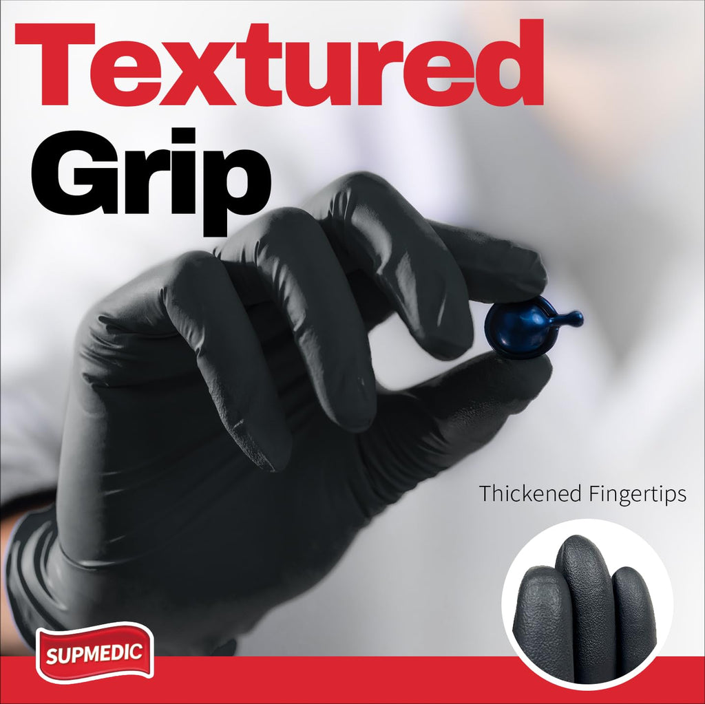 Supmedic Nitrile+ Disposable Gloves 5Mil Powder-Free Glove, Black 100 (L)