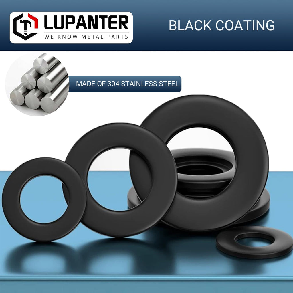 LUPANTER 1/4" Black Flat Washers 50 Pack Made of 18-8 (304) Stainless Steel Metal Washers for Screws