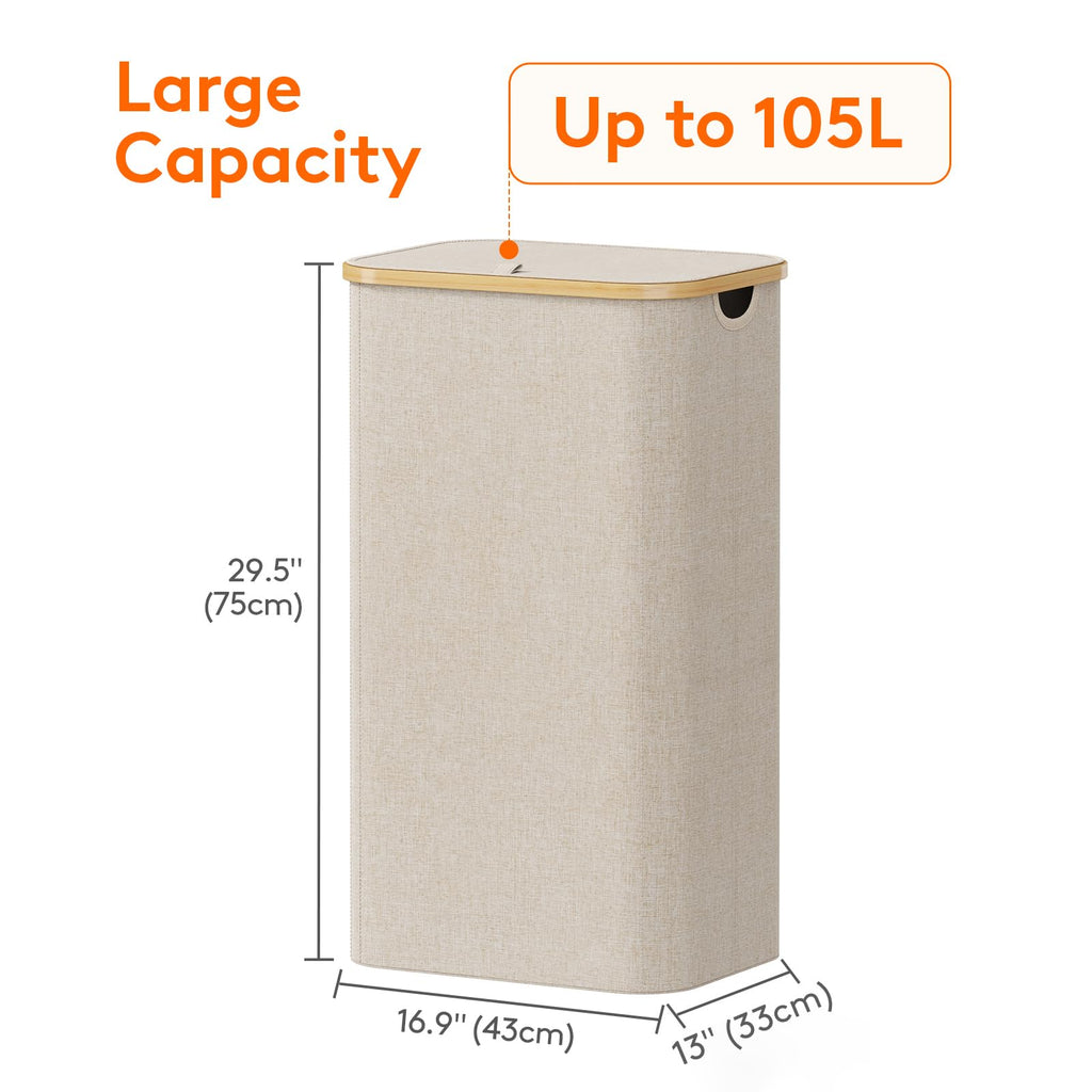 Lifewit 105L Large Laundry Basket with Lid, Removable Bags, Beige