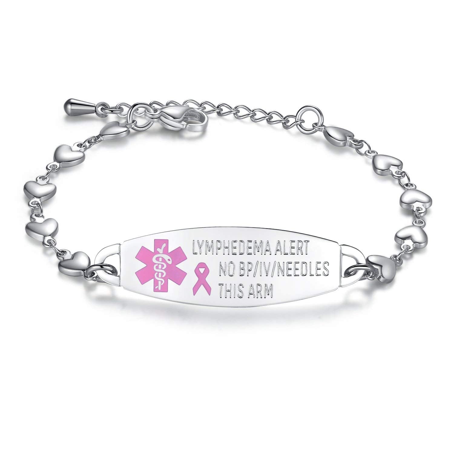 mnmoom Lymphedema Alert bracelet no bp no needles bracelet for women adjustable stainless steel breast cancer medical bracelets (heart links)