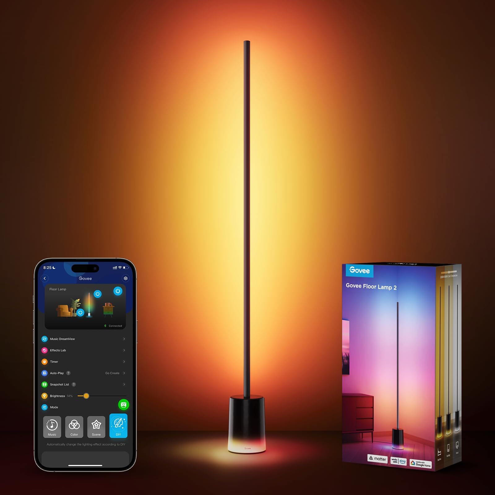 Govee Floor Lamp 2, RGBIC, Warm Cool White LED, Compatible with SmartThings, Matter, Alexa, 1725lm, Music Sync, Scene Modes, Smart Floor Lamp for Living Room, Bedroom, Black(1 Pack)