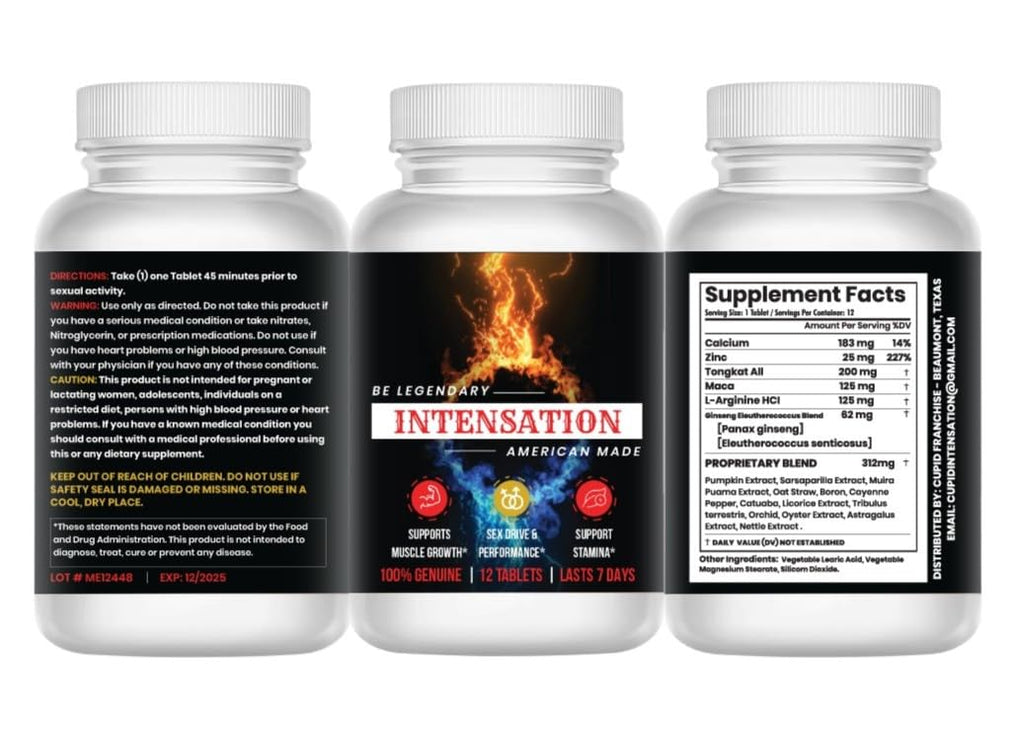 INTENSATION - Male Supplement - All Natural Stamina Support - Last Longer - Increase Size, Strength & Stamina - Improve Energy Level - Optimize Vitality - 12 Tablets