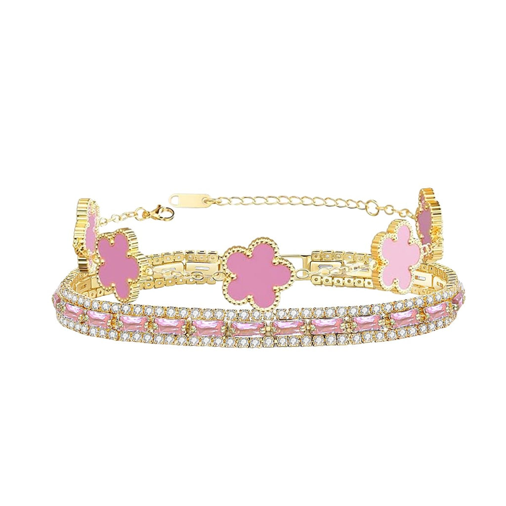 2Pcs Stackable Bracelet Set for Women Pink CZ Tennis and Clover Bracelet