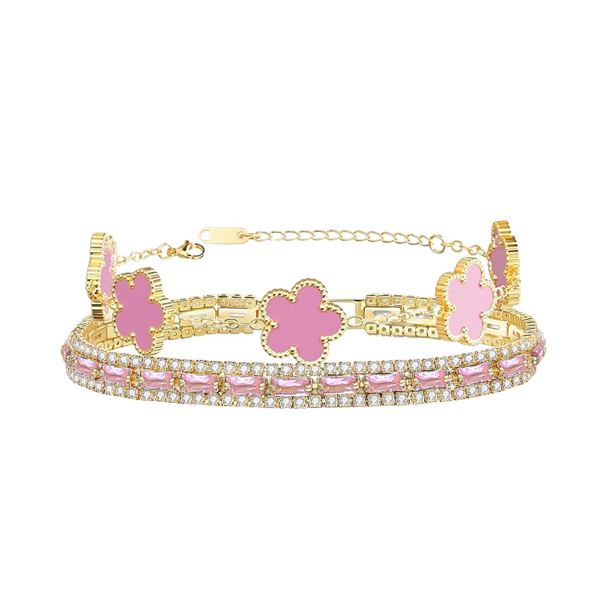 2Pcs Stackable Bracelet Set for Women Pink CZ Tennis and Clover Bracelet