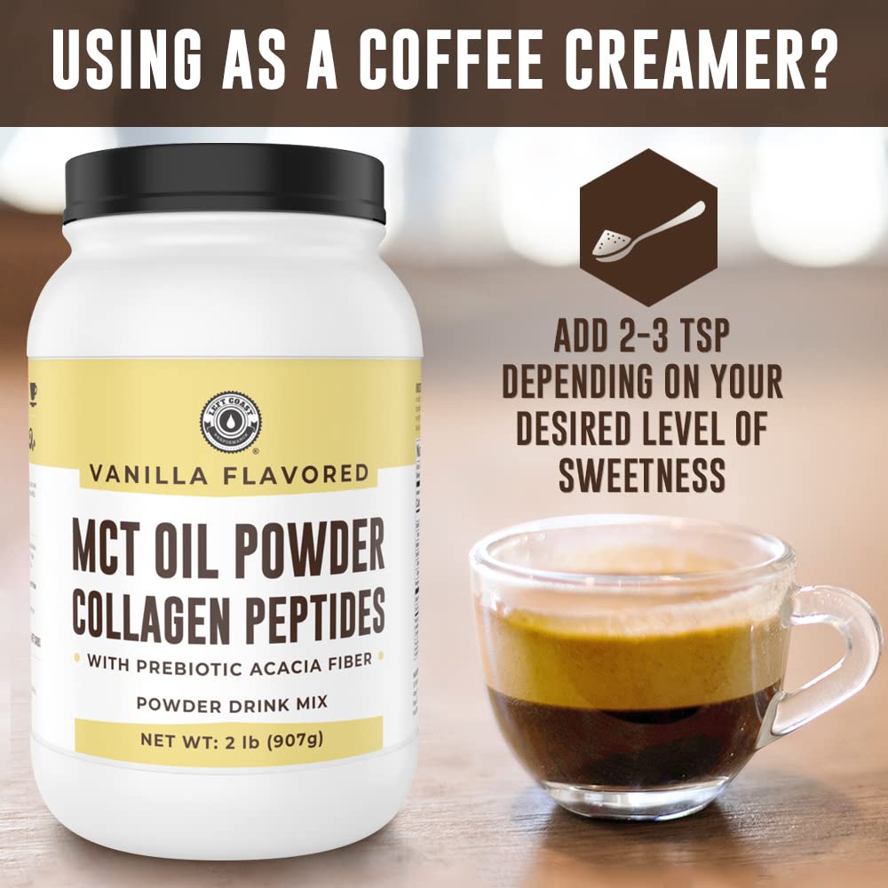 MCT Oil Powder with Acacia Fiber & Collagen Peptides – Prebiotic Collagen Protein, 10g MCTs from Coconuts, Sugar Free Keto Coffee Creamer – Grass Fed, Vanilla Flavor, Non-GMO, Gluten Free, 32 oz