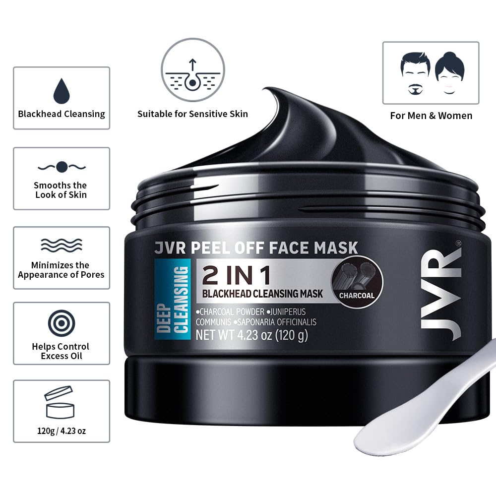 JVR Peel Off Face Mask, Blackhead Mask for Men, Charcoal Peel Off Black Mask, Facial Mask Refreshing and Deep Cleansing for All Skin Types 4.23 OZ