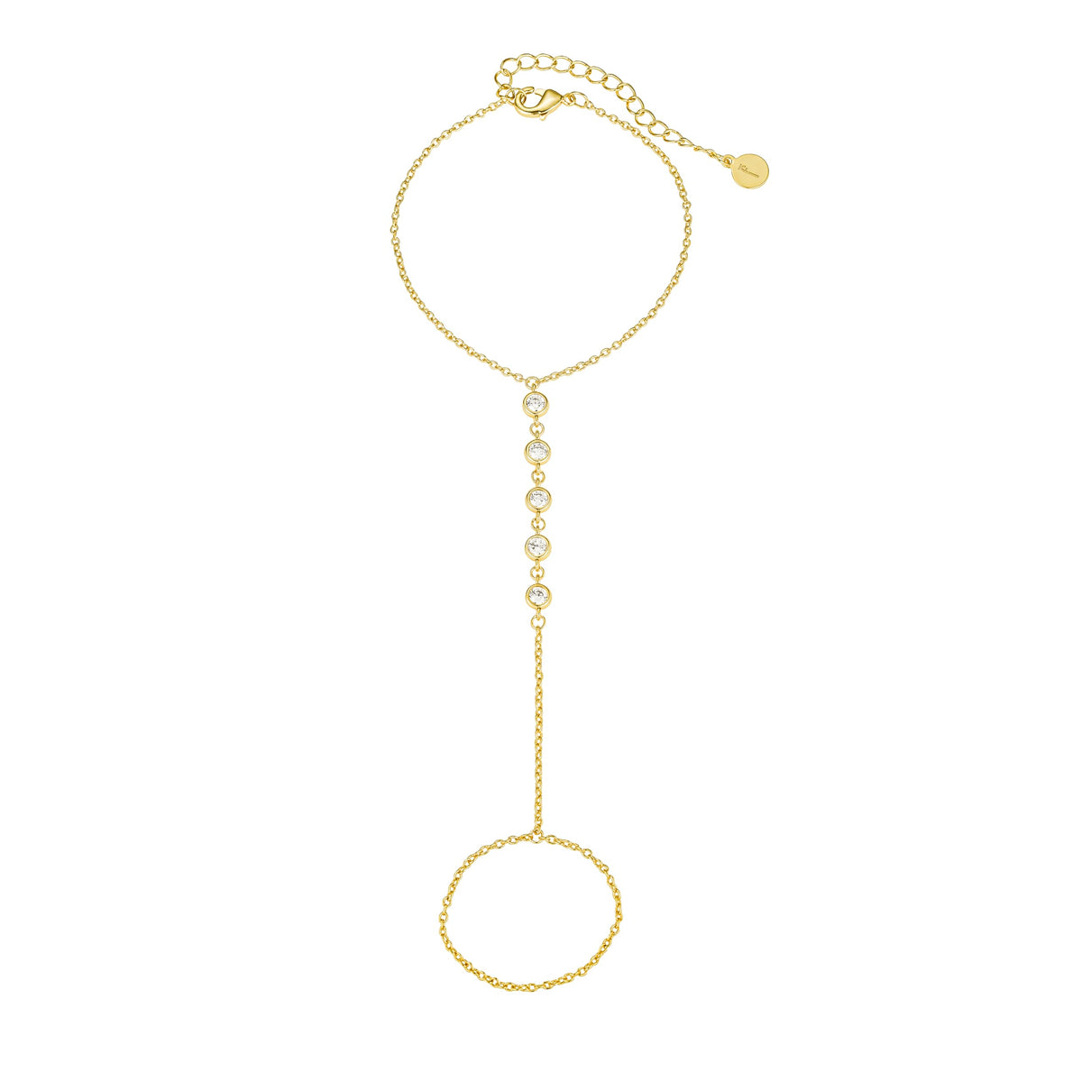 Faire de la Mode 5 CZ Diamond Ring Bracelet, 14K Gold Plated Hand Chain