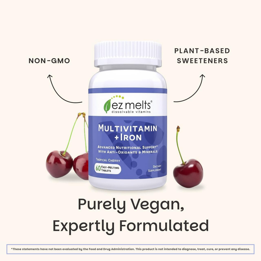 EZ Melts Multivitamin + Iron - Daily Multivitamin for Women & Men - Supports Healthy Energy Levels & Antioxidant Protection - Non-GMO & Vegan - Tropical Cherry - 120 Dissolvable Tablets (60 Servings)