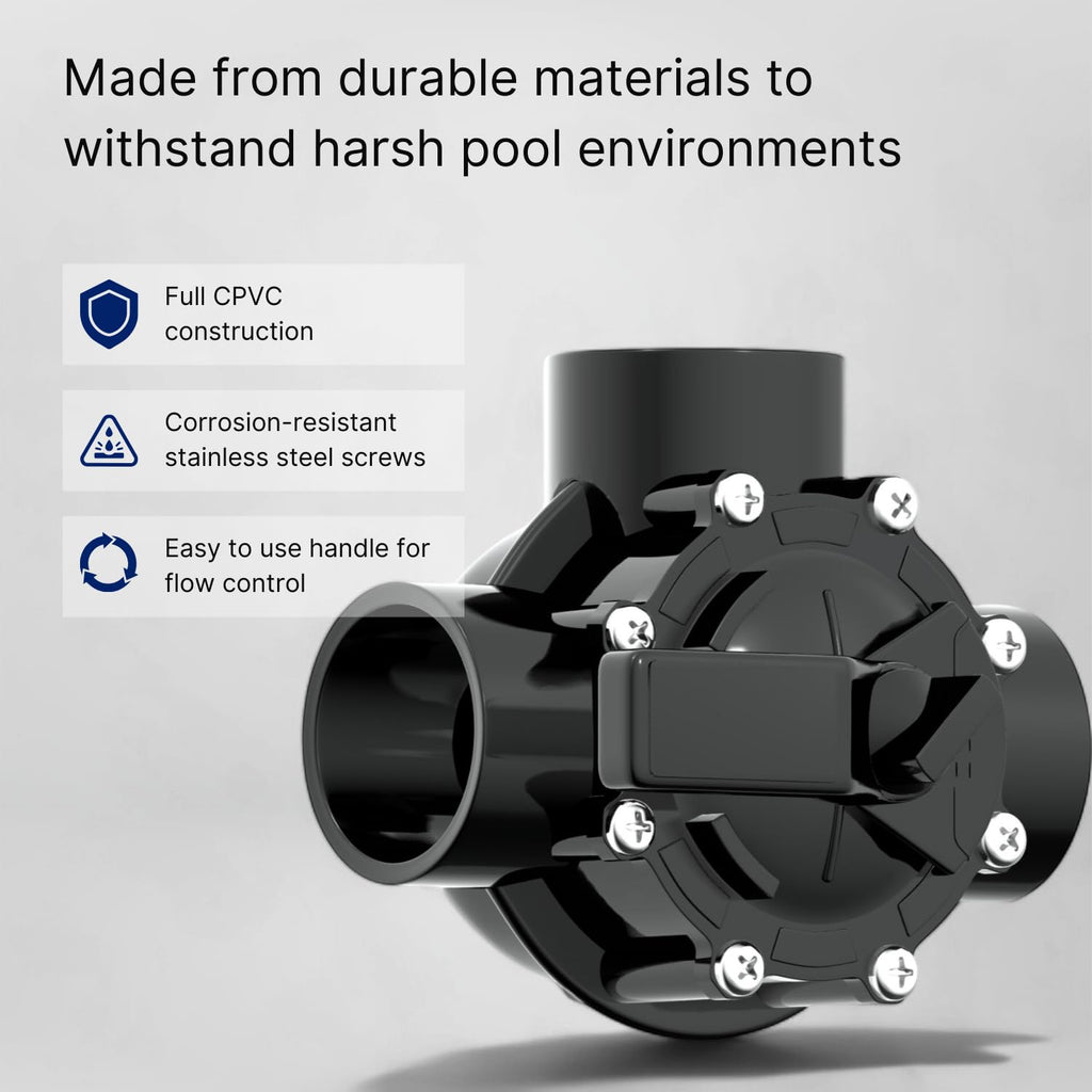 FibroPool Swimming Pool Diverter Valve - 1 1/2 Inch - 3 Way - Positive Seal & Non Lube Replacement Valve for Pools and Spas Black