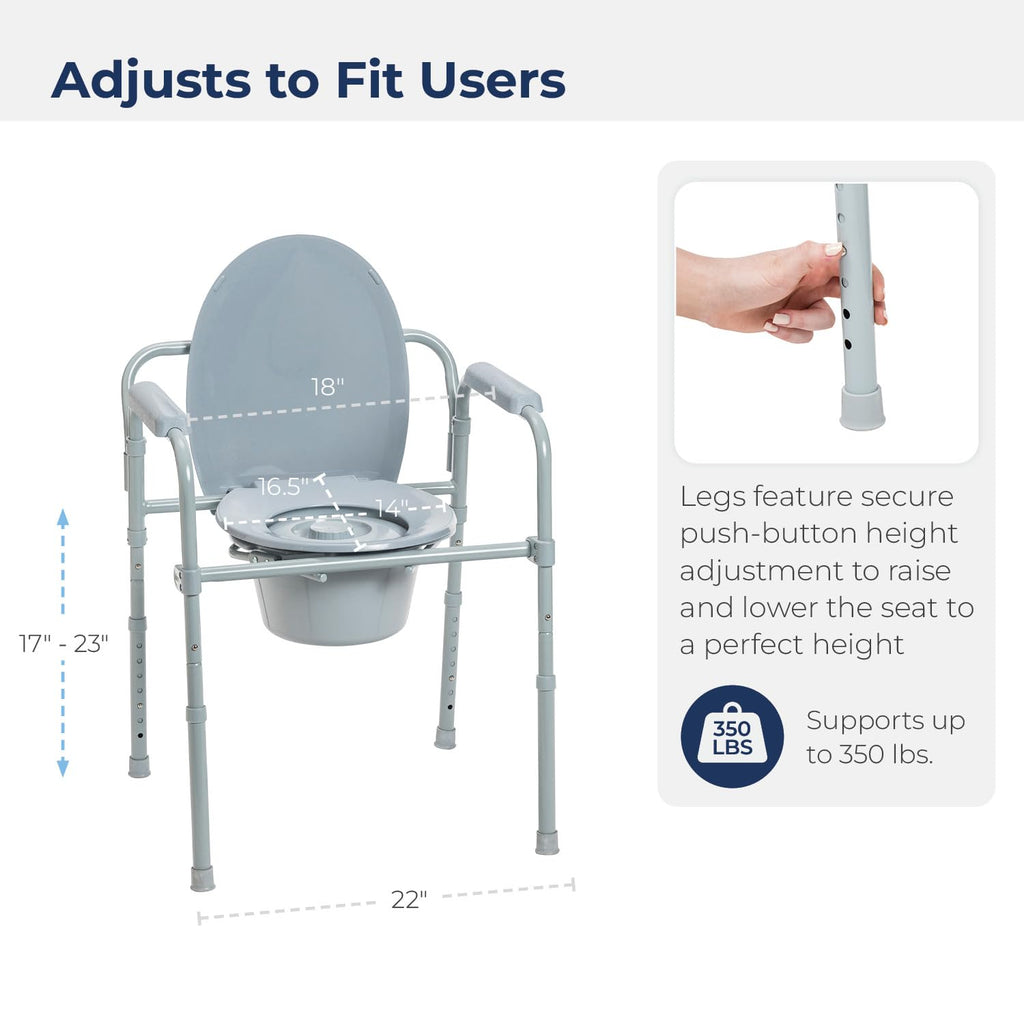 Drive Medical Folding Steel Bedside Commode Chair - 3-in-1 Portable Toilet - Adjustable Height - 350 Lb Weight Capacity - 7.5 Qt Bucket - Adult Commode - Grey