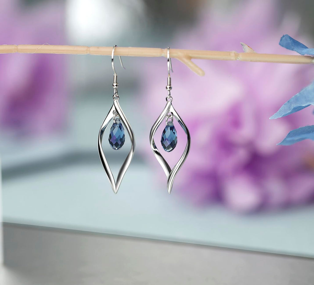 Silver Drod Dangle Earrings with Sapphire Teardrop Crystal for Women