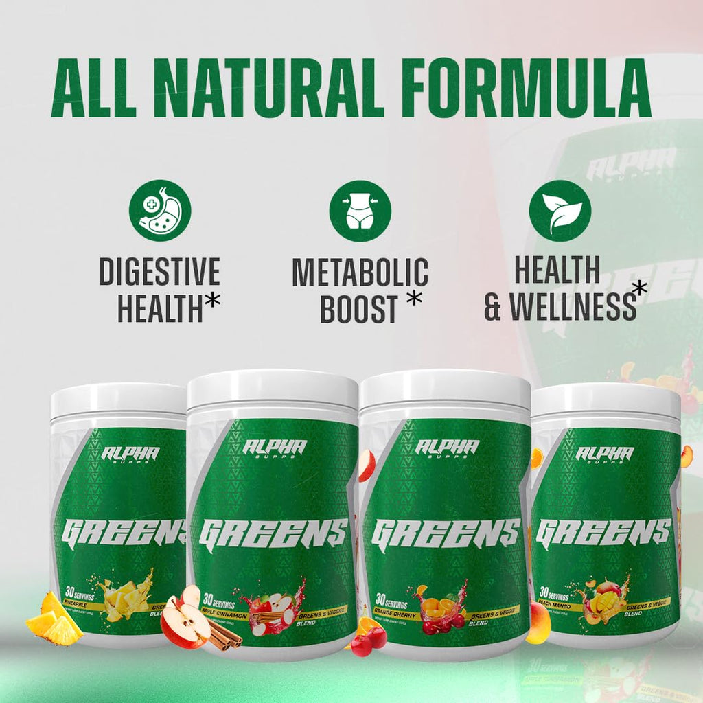 Alpha Supps - Alpha Greens Supplement | Fruit & Vegetable Superfood Powder | Over 40 Natural Plant Based Ingredients | Prebiotic & Probiotic Digestive Support Blend - 30 Servings (Orange Cherry)