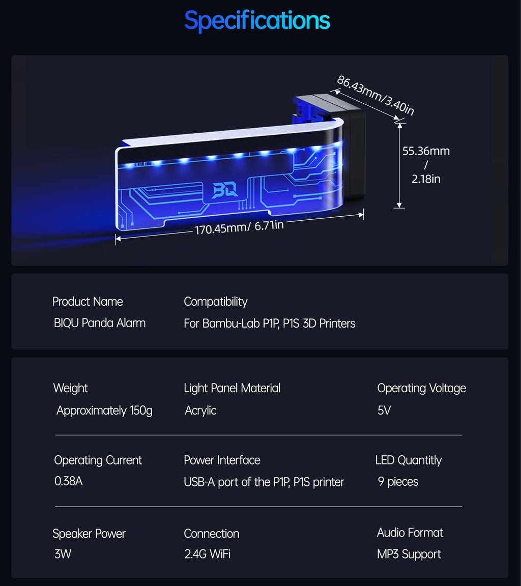 BIQU Panda Alarm for Bambu-Lab P1P P1S, Wireless Sound and Light Alarm Printer Status Display Support Web UI & BIQU APP Control