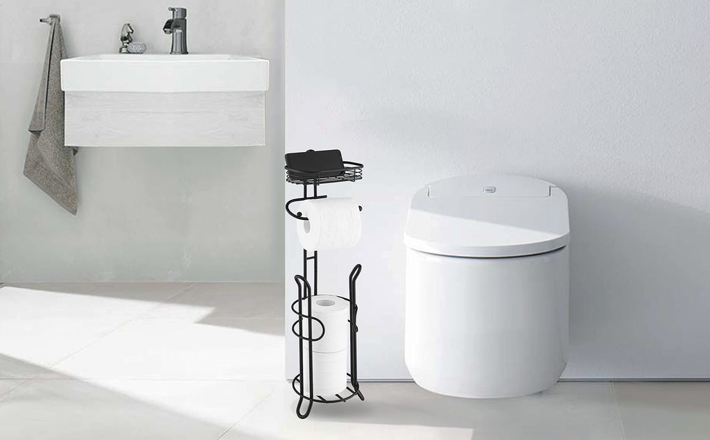 SunnyPoint Bathroom Heavyweight Toilet Tissue Paper Roll Storage Holder Stand with Reserve and Shelve, The Reserve Area Has Enough Space to Store Mega Rolls. (Black)