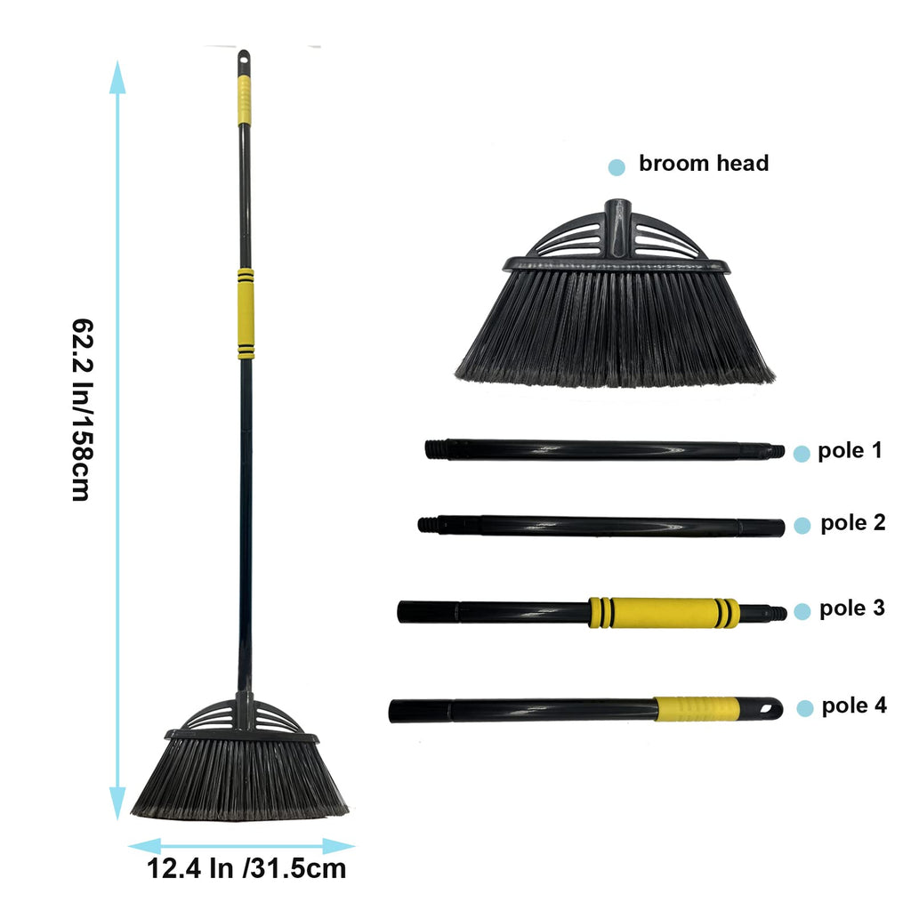 Xifando Four-Section Rod Long-Handled Broom,Heavy-Duty Broom, Angle Broom for Outdoor/Indoor（Black+Blue）