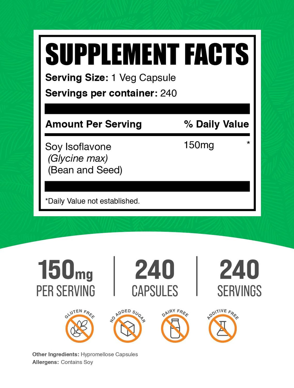 BulkSupplements.com Soy Isoflavones Capsules - Soy Isoflavones Supplement - Vegan & Gluten Free, 1 Capsule per Serving (150mg), 240 Count (Pack of 1)