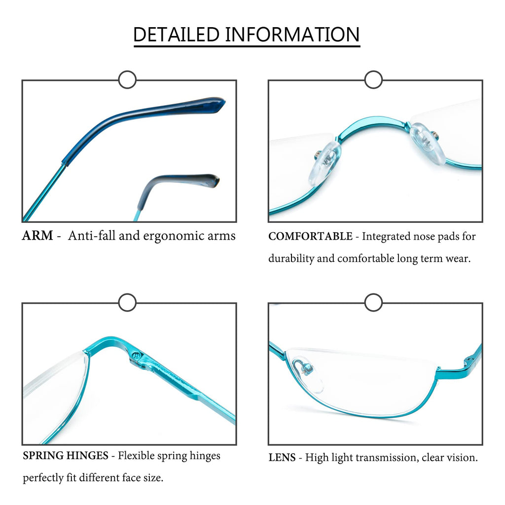 DXYXYO Small Half Frame Reading Glasses for Women 2.5+, 3 Pack Half Moon Metal Readers with Spring Hinge, Purple Blue Pink