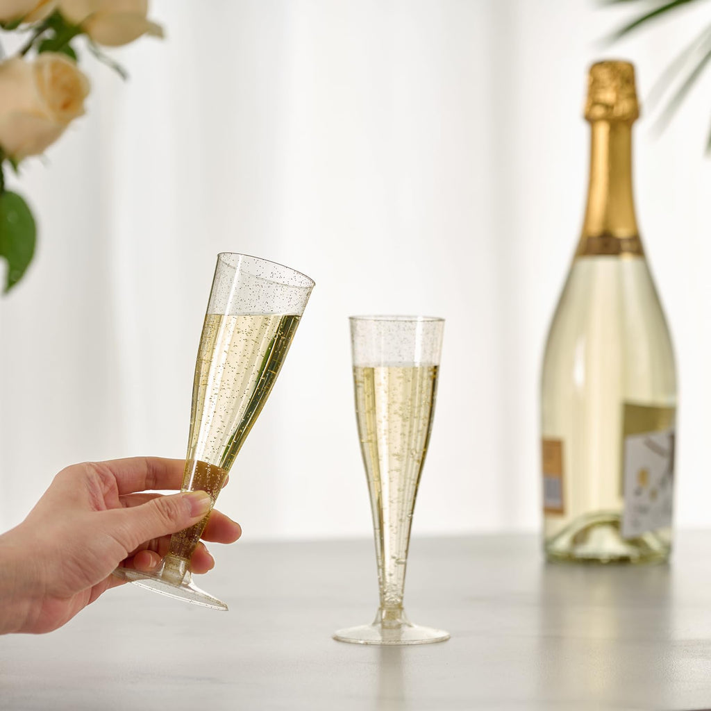 JOLLY CHEF Plastic Champagne Flutes 4.5 oz 100 Pack Gold Glitter Glasses