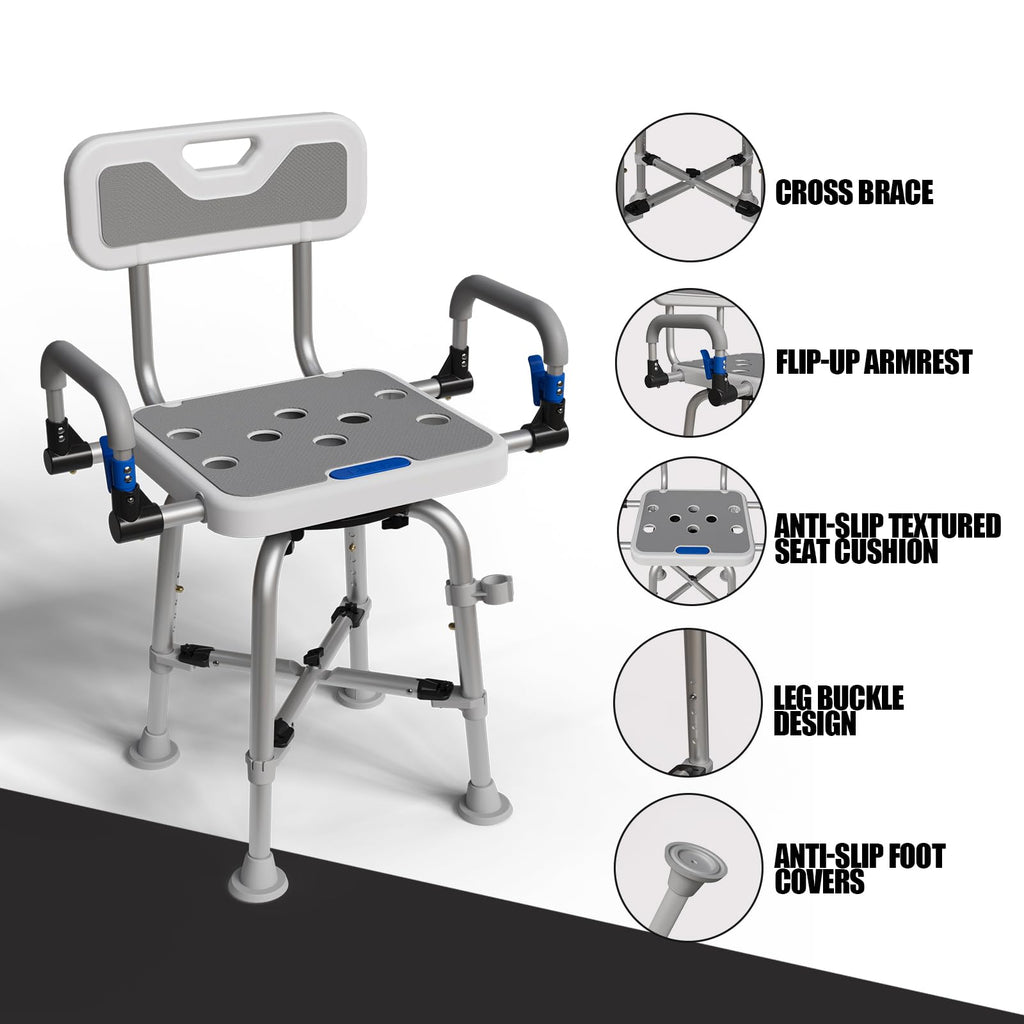 360° Swivel Shower Chair for Elderly and Disabled 400lbs Heavy Duty Bathing Transfer Stool with Armrests & Backrest Adjustable Height Bath Chair for Inside Shower Standard Bathrooms & Bathtubs Gray
