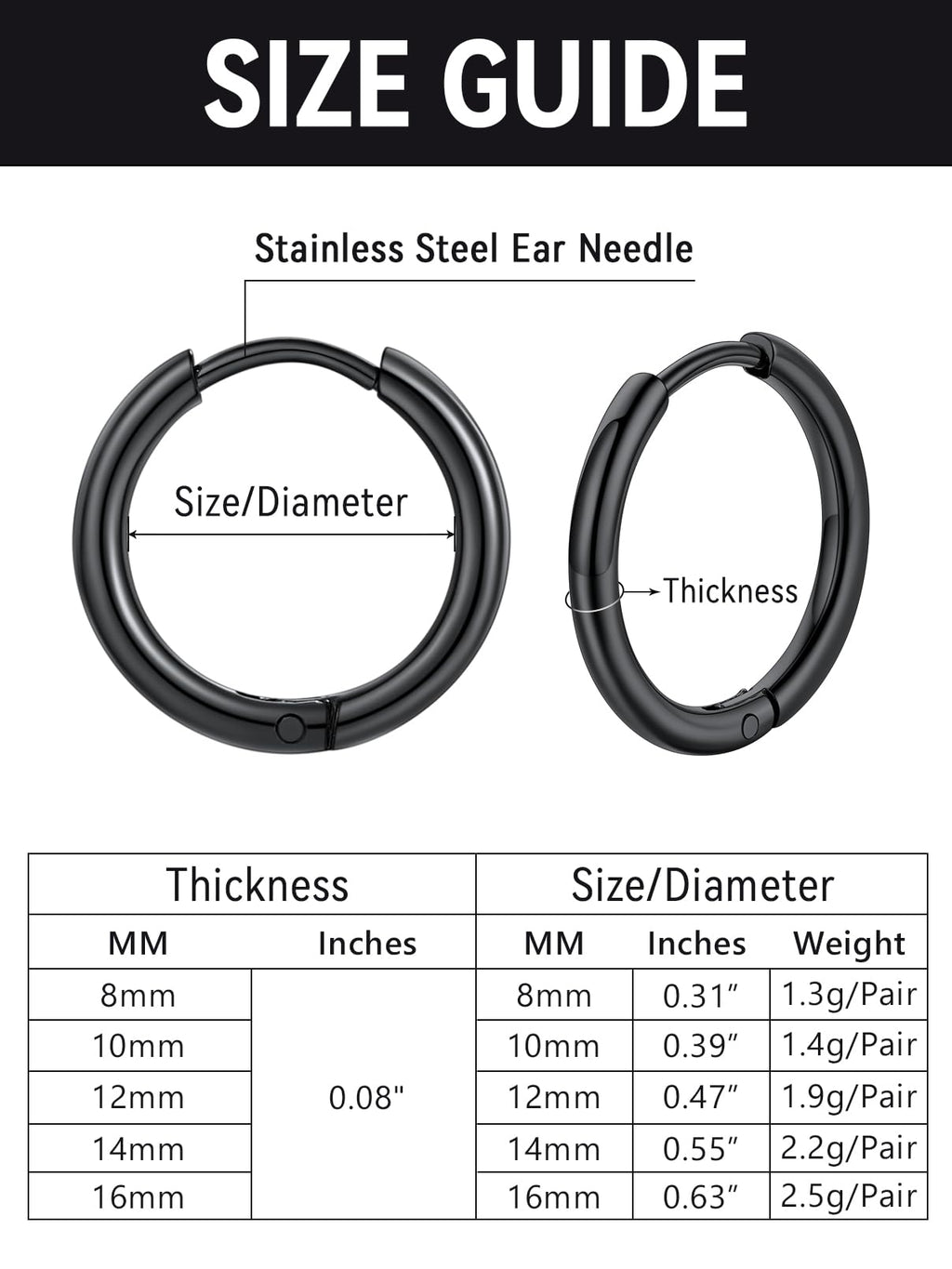 FaithHeart Stainless Steel Black Huggie Hoop Earrings for Men 10mm