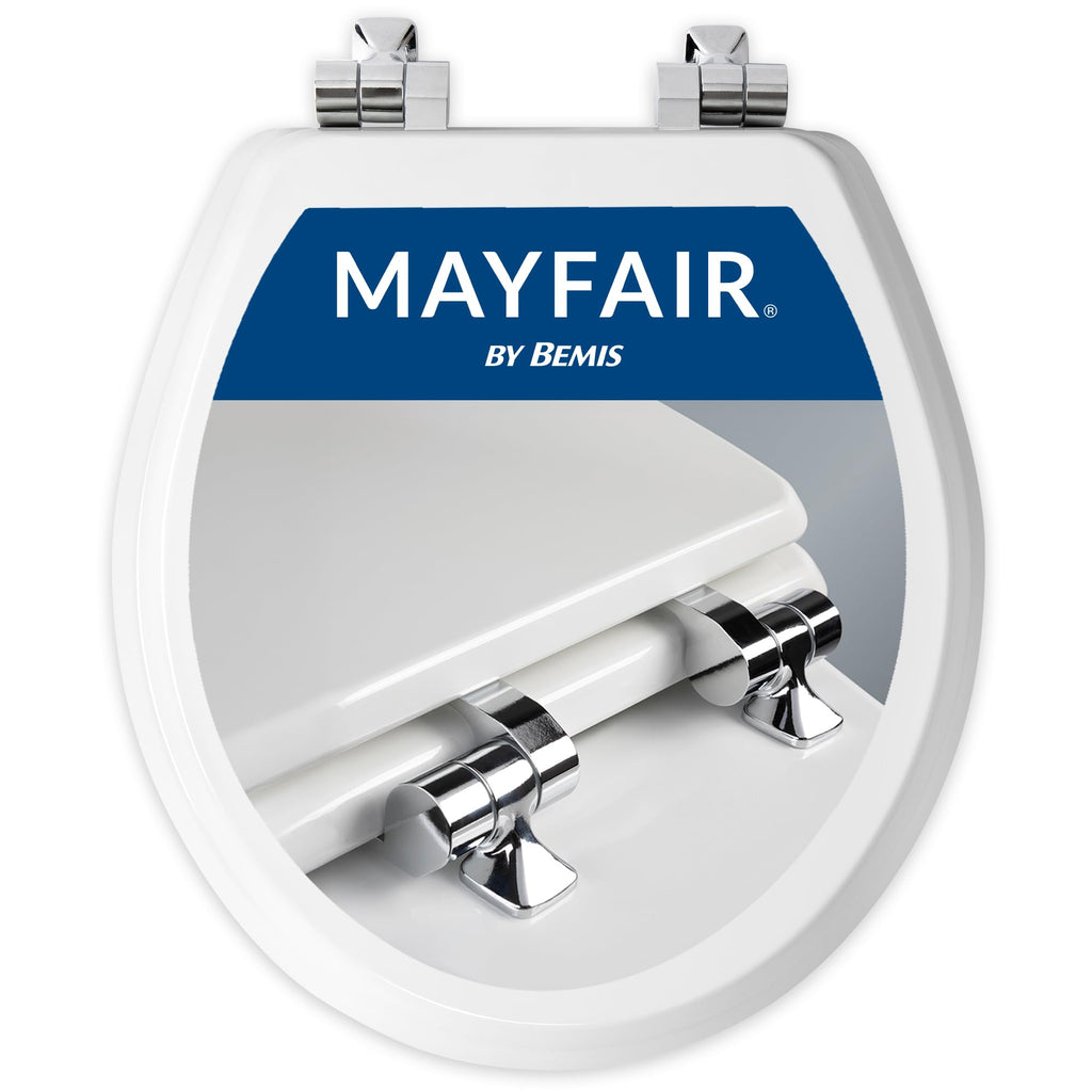Mayfair Bennett Toilet Seat with Chrome Hinges, Slow Close Wood Seat, Secure Metal Hinges, Easy Install, Made in USA, Round, White