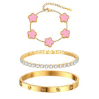 MPRAINBOW Womens Stackable Floral Bracelets, 3Pcs 18K Gold Plated Bracelet,Stainless Steel Bangle Chain Non Tarnish, Bracelet Set Trendy Jewelry,Christmas Valentines Birthday Gift for Girlfriend
