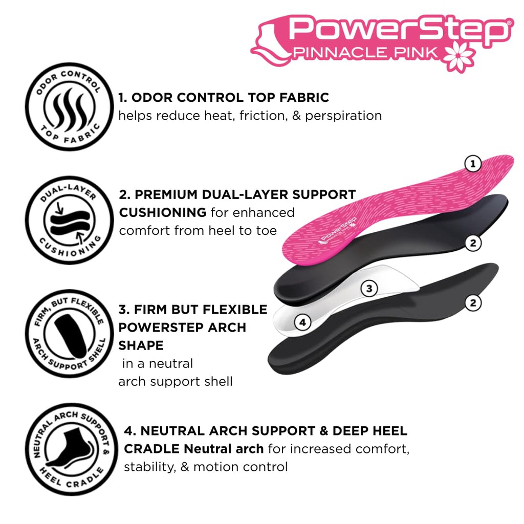 PowerStep Pinnacle Pink Orthotics for Women, Arch Support Inserts, Plantar Fasciitis Relief, Made in USA, Shoe Inserts, Maximum Cushioning, Deep Heel Cup for Pronation (W 8-8.5, M 6-6.5)
