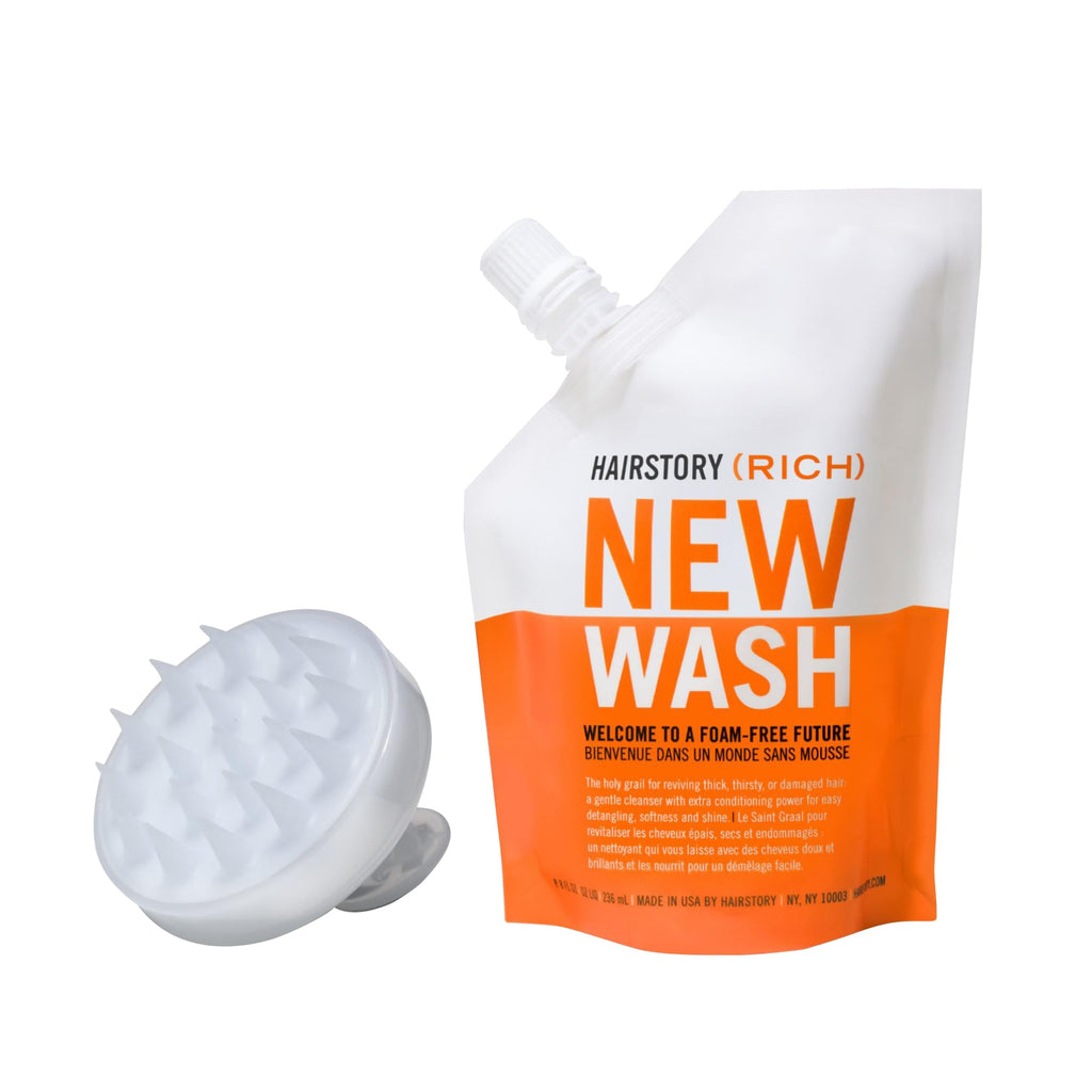 Hairstory New Wash Rich with Scalp Brush, Ultra-Moisturizing Cleansing Cream for Dry & Thick Hair, Shampoo & Conditioner Alternative, Restores Softness & Shine, 8oz