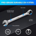 DISEN 10Pcs Ratcheting Wrench Set SAE & Metric Ratchet Wrench Set with Rack Organizer, Premium CR-v Steel, 12 Point, 72 Teeth,Box End and Open End Ratcheting Wrench Set,Metric 10-15mm&SAE 3/8''-5/8''