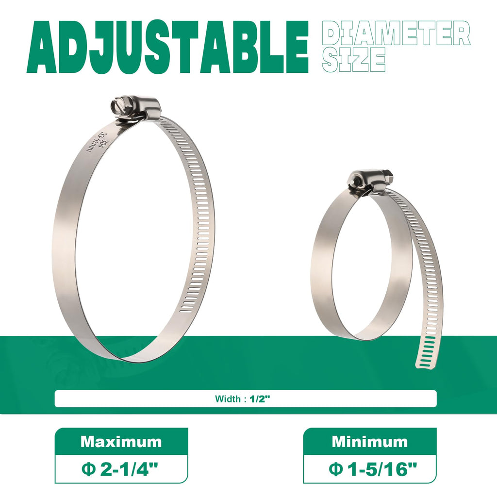 OURU 10PCS Hose Clamps Stainless Steel Adjustable 1-5/16"-2-1/4"(33-57mm)