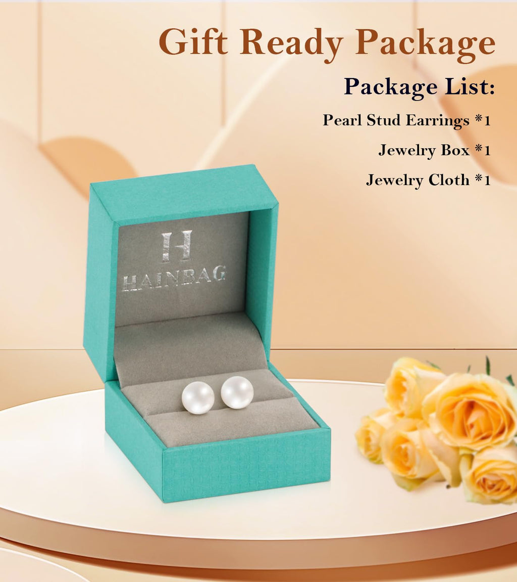 HAINBAG 9mm Pearl Earrings for Women, Hypoallergenic 925 Silver Post Studs