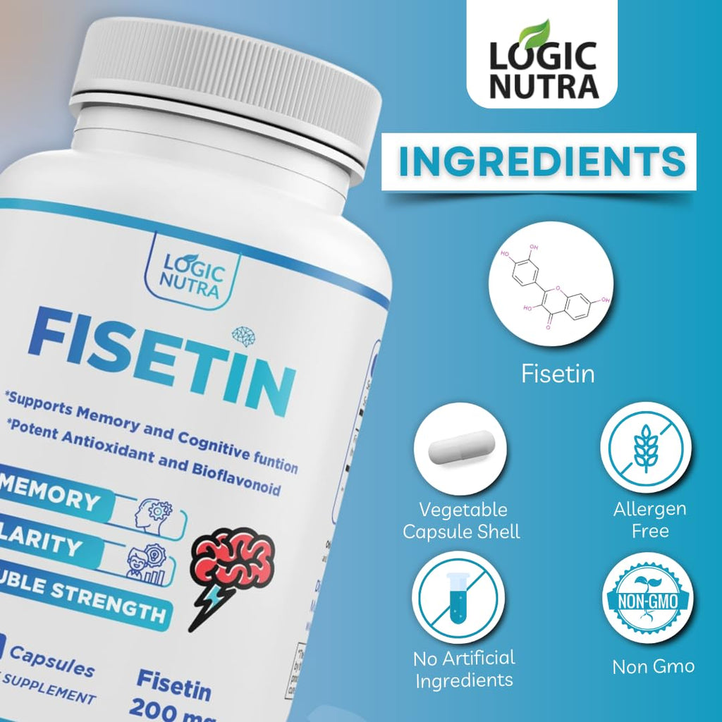 Logic Nutra Fisetin Double Strength - Fisetin Supplements 200 mg - Non-GMO, Vegan, & Gluten Free - 60 Capsules - Potent Antioxidant Supplement for Wellness Support
