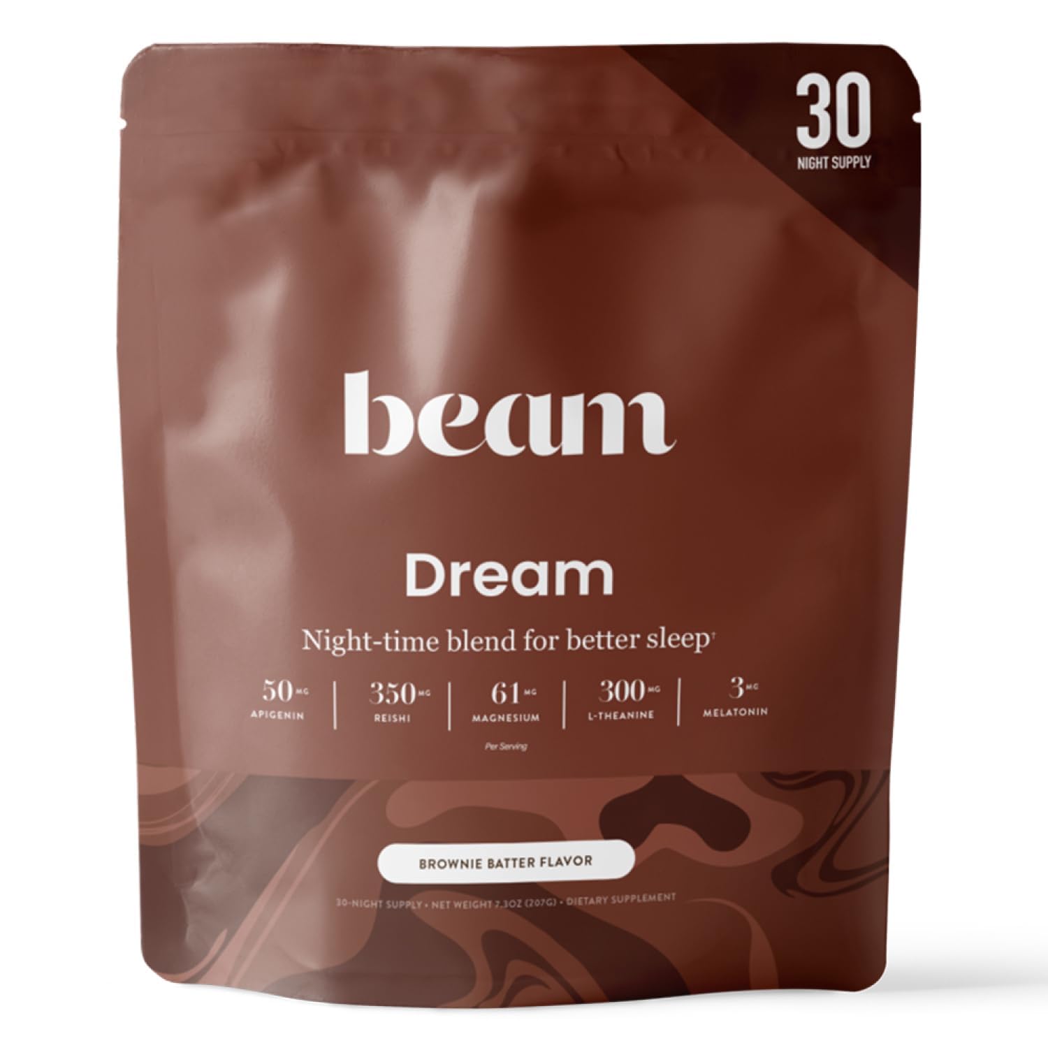 Beam Dream Sleep Powder Brownie Batter, L-Theanine, Apigenin, Reishi & Magnesium, Third Party Tested Natural Sleep Aid & Sleep Supplement, Health and Wellness Gift, Natural Sleep Support, 30 Servings