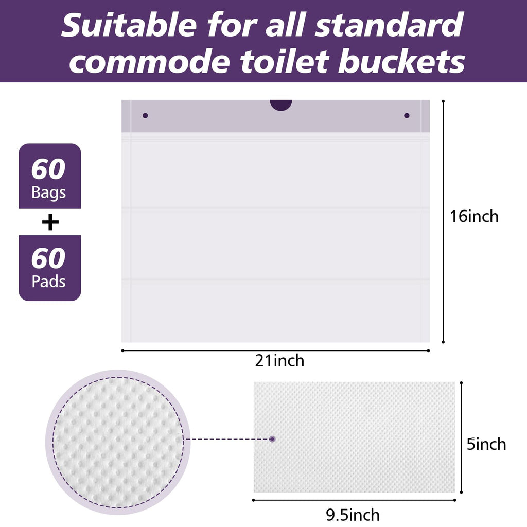 Commode Liners with Absorbent Pads, 60 Commode Liners and 60 Commode Pads, Potty Bags for Portable Toilet Potty Chair Liners for Portable Toilet, Adult Commode Chair and Bedpan