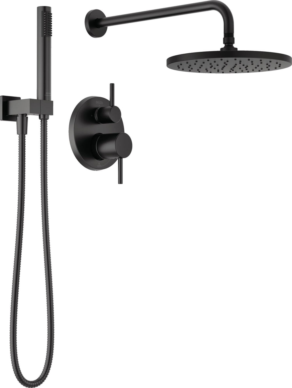 Delta Modern 14 Series Round Rain Shower System Faucet Set, Rainfall Matte Black Shower Head and Handle Set, Valve Trim Kit, 10 Inch, Matte Black 342702-BL