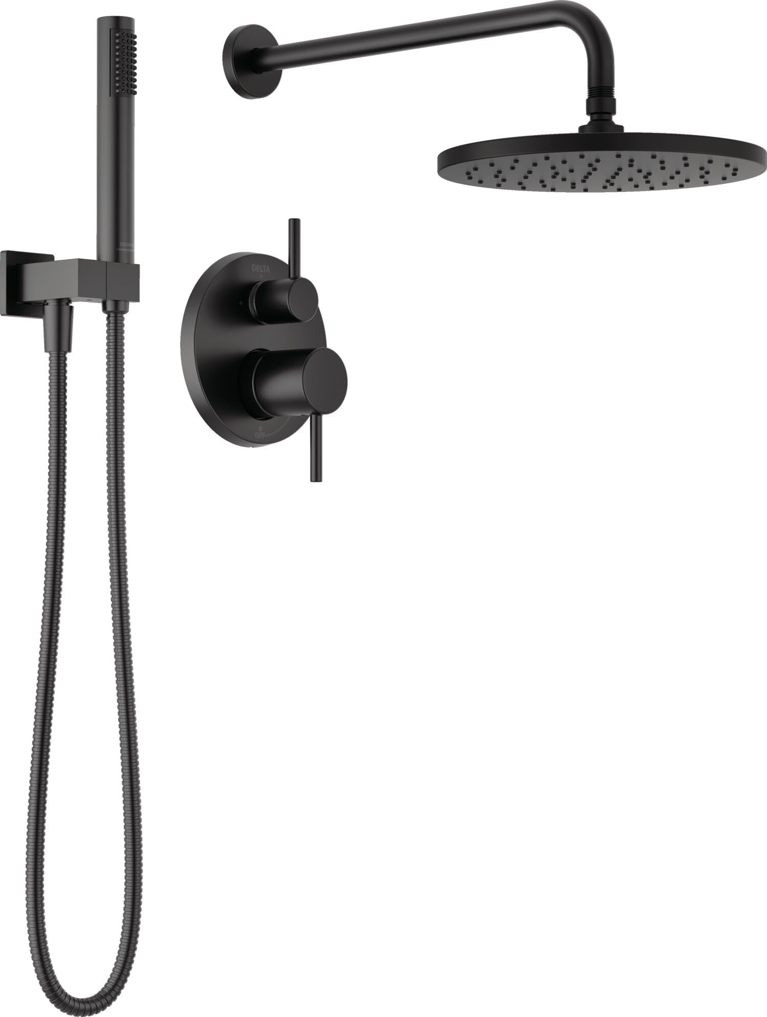 Delta Modern 14 Series Round Rain Shower System Faucet Set, Rainfall Matte Black Shower Head and Handle Set, Valve Trim Kit, 10 Inch, Matte Black 342702-BL