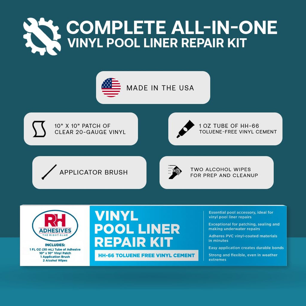 Vinyl Pool Liner Repair Kit – Pool Patch Repair Kit with HH-66 TF Vinyl Cement – Inflatable Patch Repair Kit for Pool Liners & PVC – RH Adhesives (Clear, 20 Gauge Vinyl)