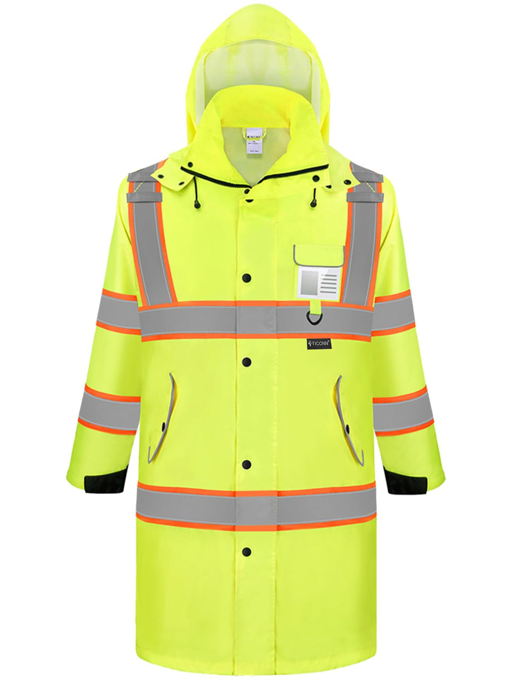 TICONN Reflective Rain Coat, Waterproof Hi Vis Safety Rain Jacket, Heavy Duty ANSI Class 3 High Visibility Trench Coat (XL)