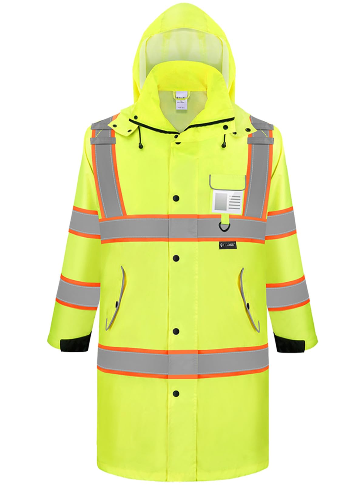 TICONN Reflective Rain Coat, Waterproof Hi Vis Safety Rain Jacket, Heavy Duty ANSI Class 3 High Visibility Trench Coat (L)