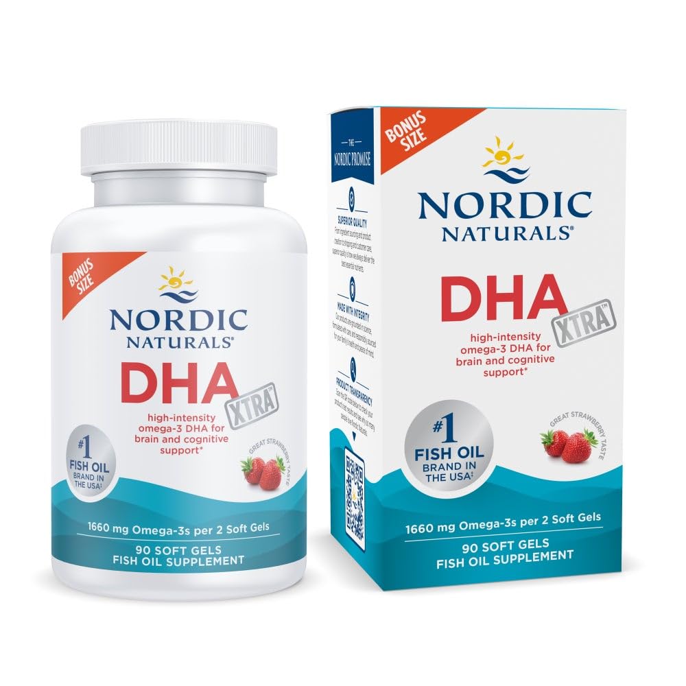 Nordic Naturals DHA Xtra, Strawberry - 90 Soft Gels - 1660 mg Omega-3 - High-Intensity DHA Formula for Brain& Nervous System Support - Non-GMO - 45 Servings