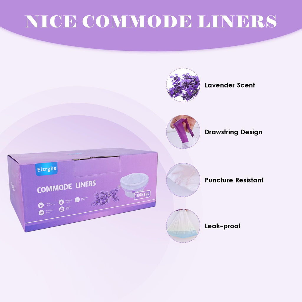 Elzrghs Commode Liners for Bedside Commode, Portable Toilet, Bed Pan, 100 Count Lavender Scented Disposable Potty Chair Liners