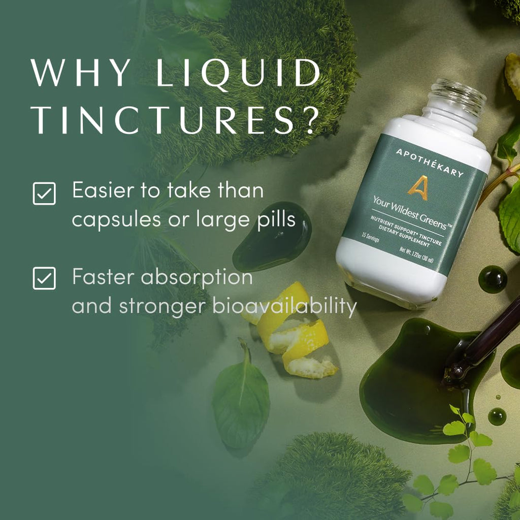 Apothékary Your Wildest Greens Herbal Liquid Drops, All-in-One Daily Superfood Supplement, Vitamin & Mineral Support, 5X Potency of Greens Powders, Sugar Free, Made in the USA, 1 Fl oz, 15 Servings