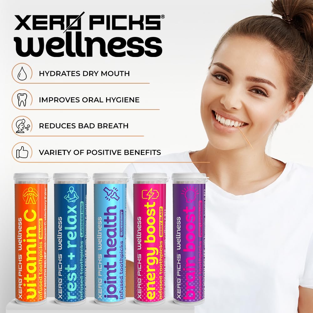 Xero Picks Wellness Flavored Toothpicks - Brain Boost, Immunity, Rest & Relax, Joint Health, and Energy Boost - 100 Picks (Variety, 5 Pack) Kosher - Sugar Free