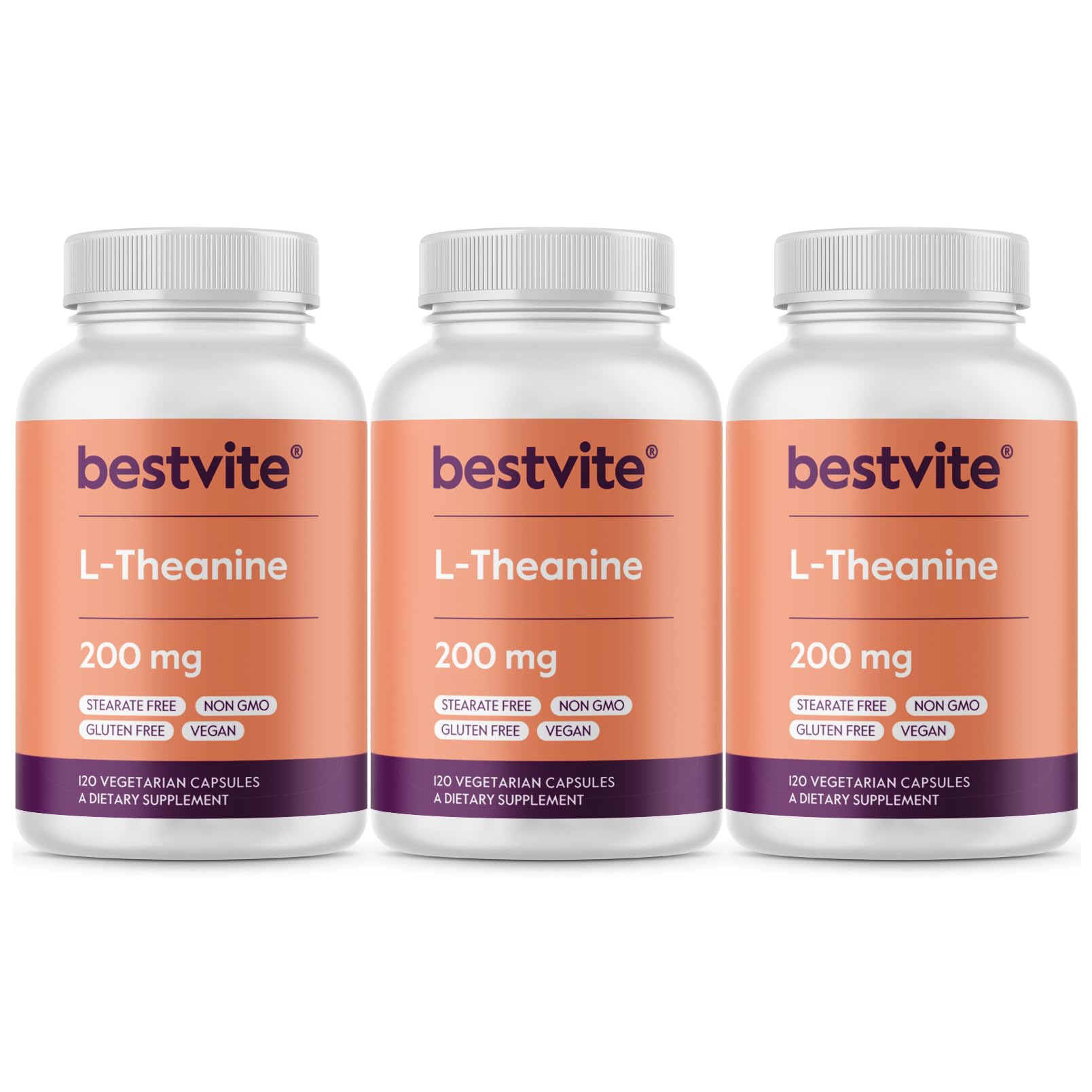 BESTVITE L-Theanine 200mg (360 Vegetarian Capsules) (120 x 3) - No Stearates - Vegan - Non GMO - Gluten Free