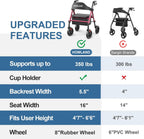 HOMLAND Walkers for Seniors with Seat, Foldable Rollator Walker, Reinforced Aluminum Frame, 8" Big Rubber Wheels for All Terrain, Height Adjustable Lightweight Rolling Walker