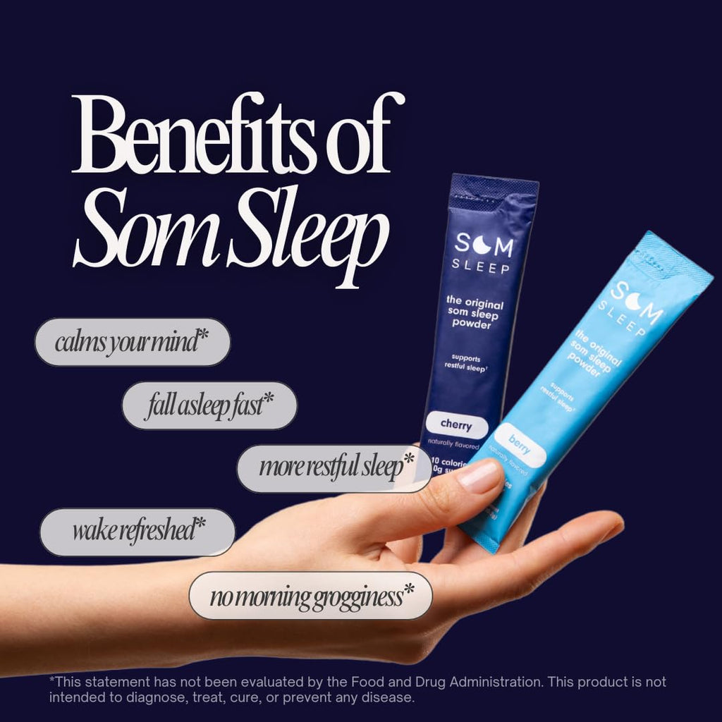 Som Sleep, Calm Sleep Nighttime Powder Drink Mix, Melatonin 3mg, Magnesium, Vitamin B6, L-Theanine & GABA – Vegan, Zero Sugar – Berry, 20-Pack